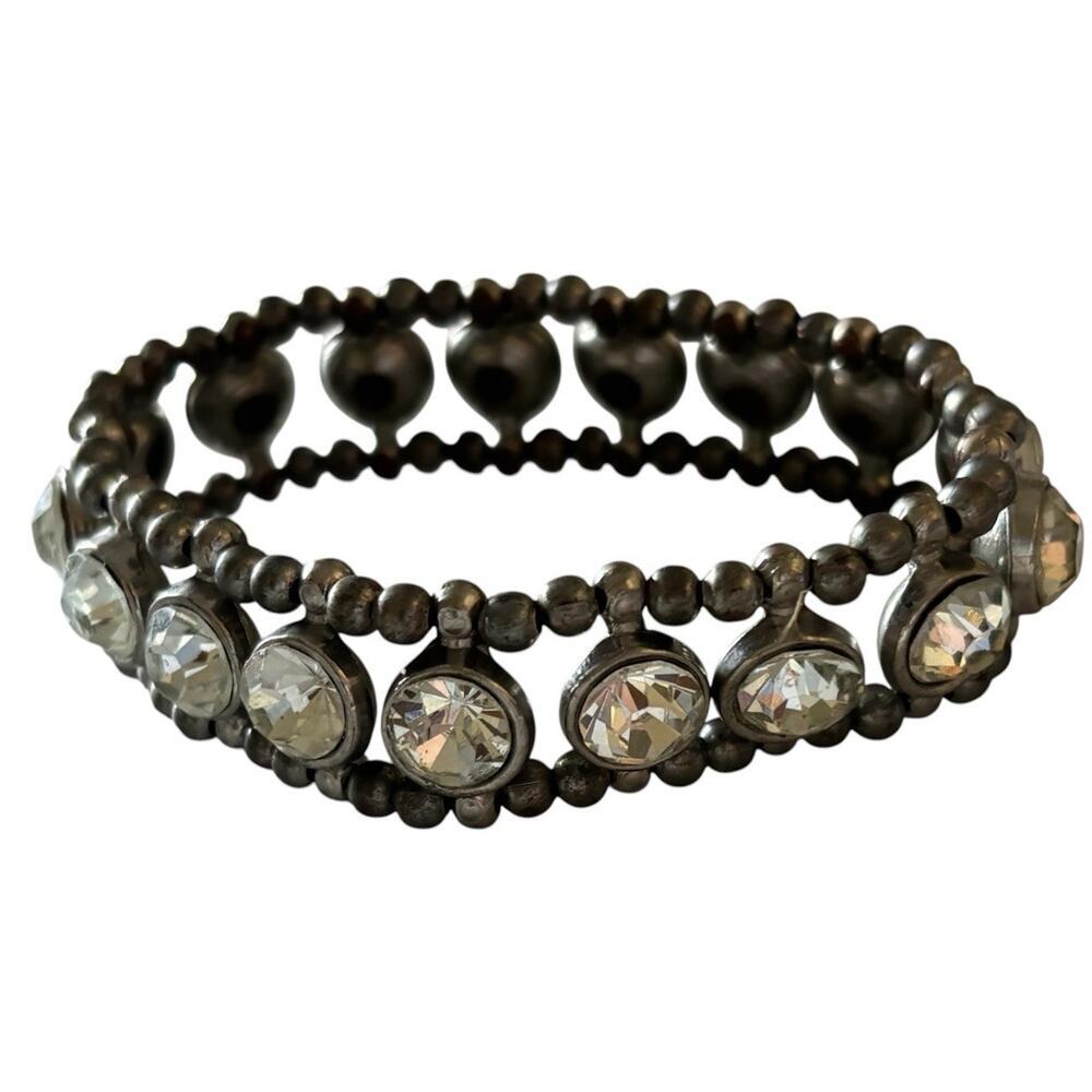 Rhinestone Elastic Stretchable Silver Tone Bracelet Round Beads